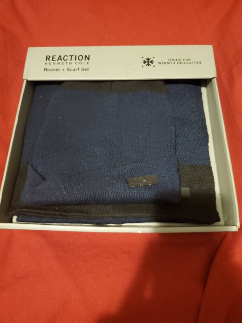 NEW MEN REACTION KENNETH COLE BLACK BLUE BEANIE HAT 2 PIECE SCARF SET ONE SIZE